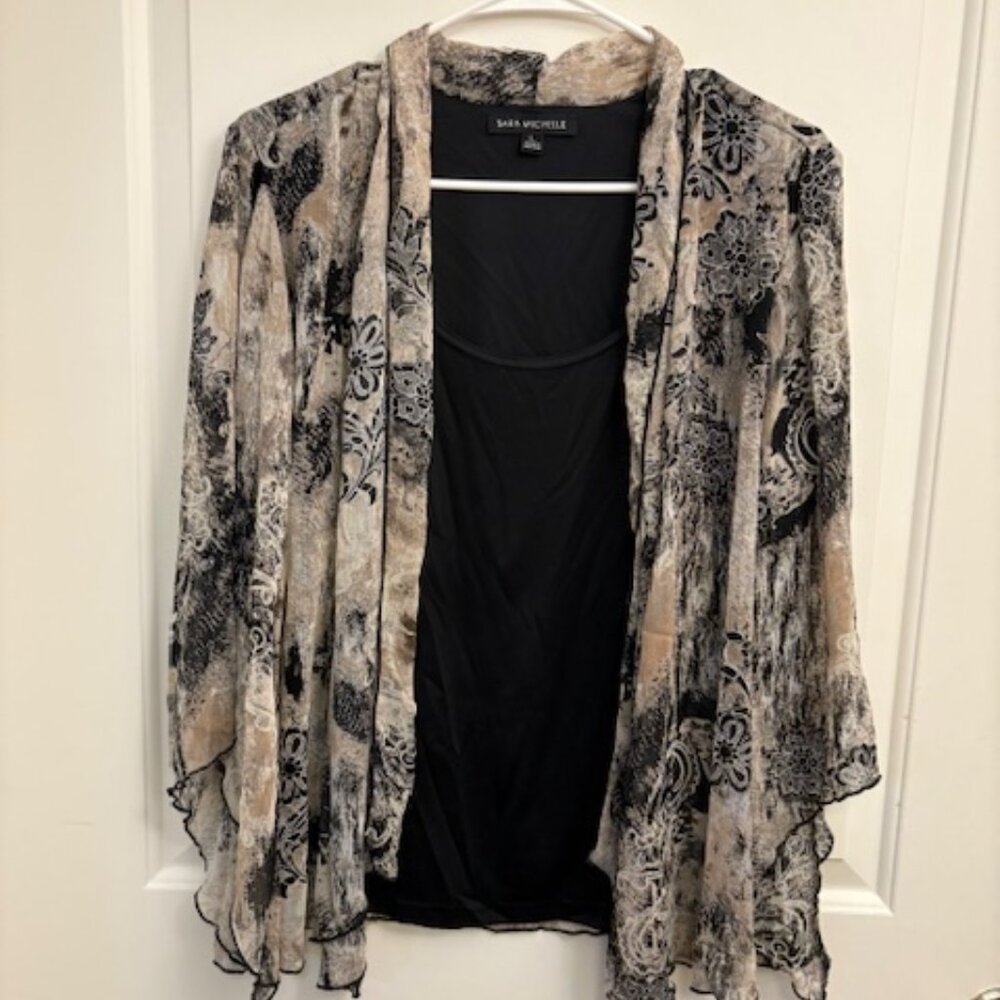 Sara Michelle Black and Beige Floral Layered Long Sleeve Top, Size Large